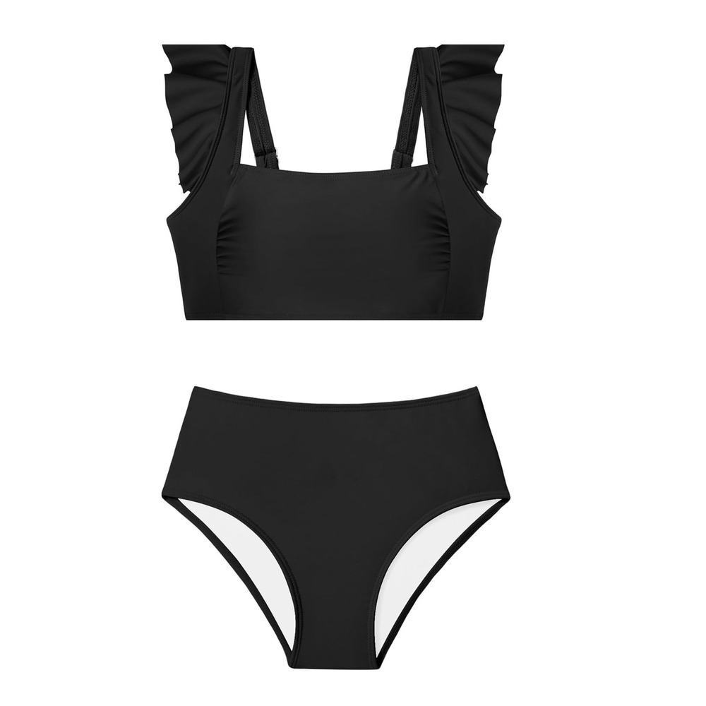 Womens Black Ruffle High Waisted Bikini Set Square Neck Two Piece Swimsuit M‎